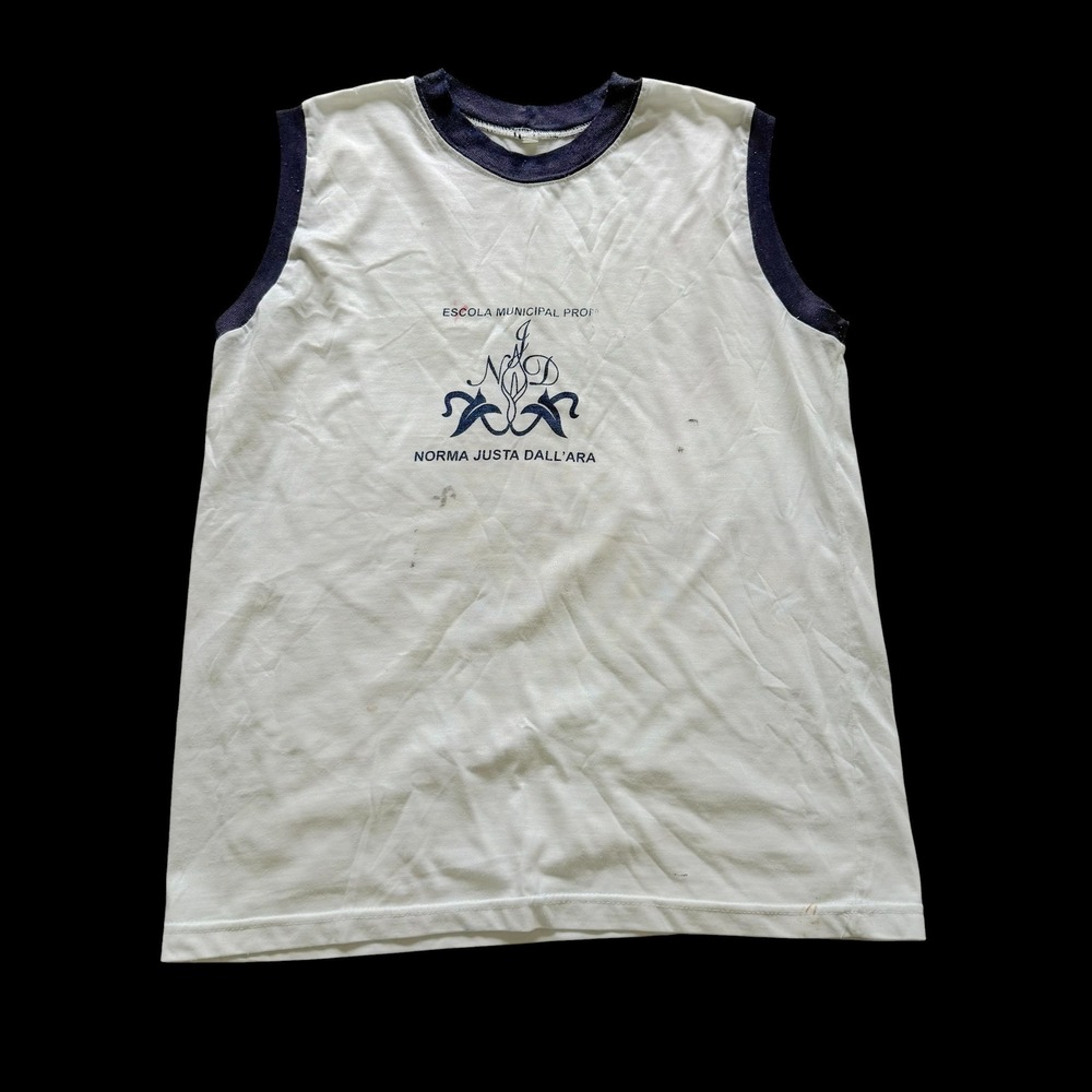 Vintage Escola Municipal Norma Justa Dall'Ara Ringer Tank Top White Navy Small